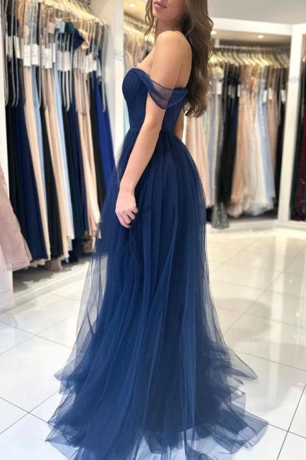 Elegant Long Navy Blue Off-the-shoulder A-line Sleeveless Prom Dress Y6767