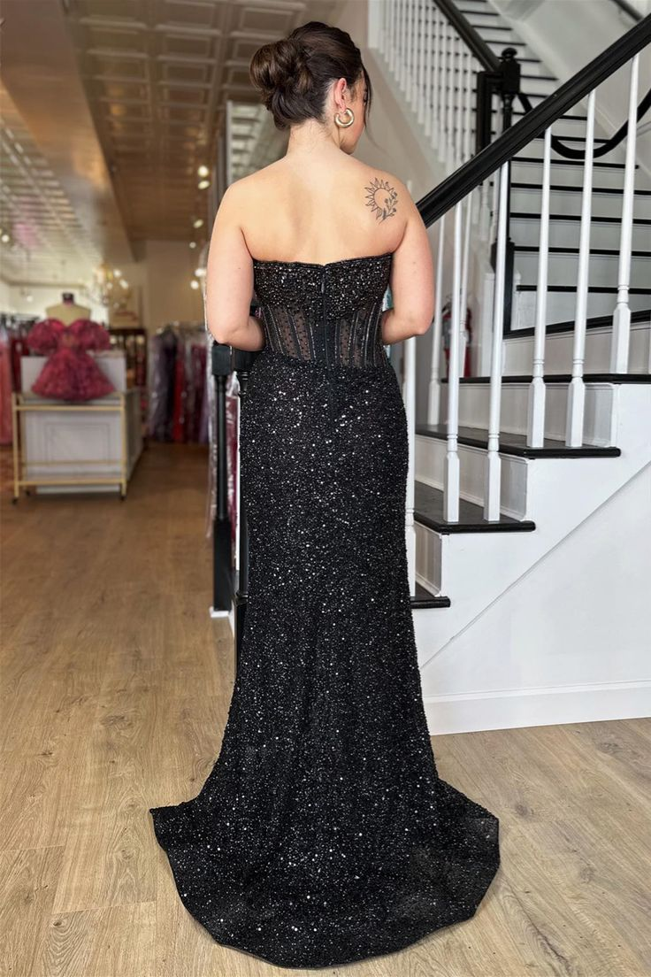 Black Strapless Mermaid Sequins Long Prom Dress with Slit Y4126