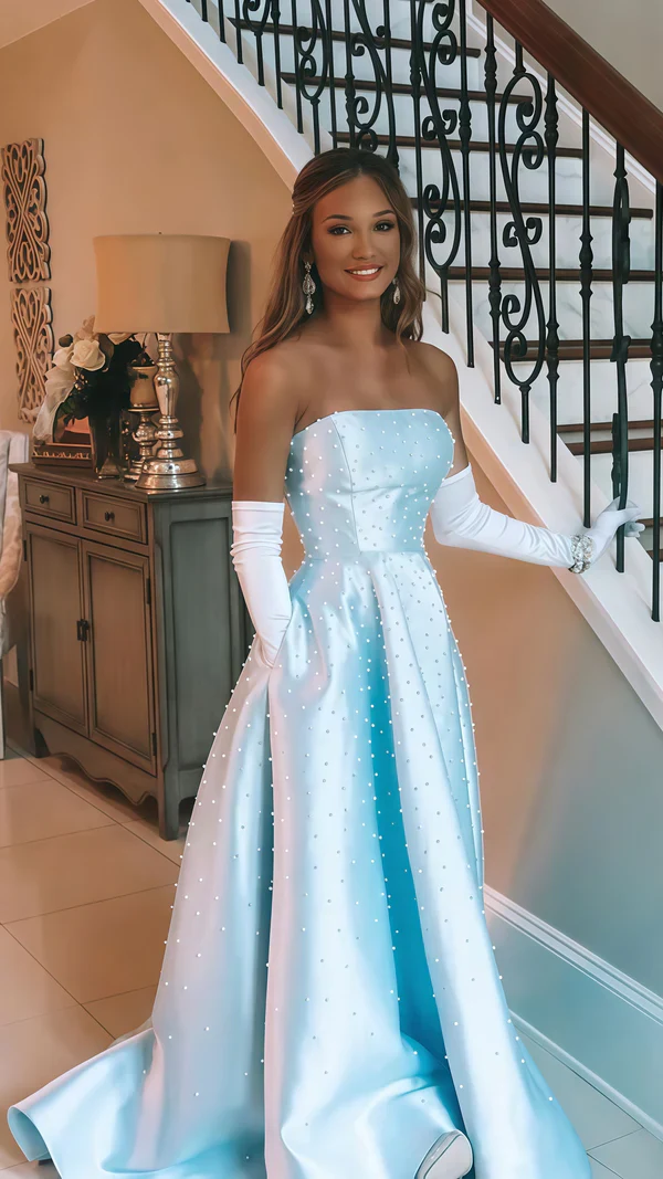 Beautiful Strapless Light Blue Pearl Beaded Birthday Party Dress,Formal Prom Evening Dress Y8120