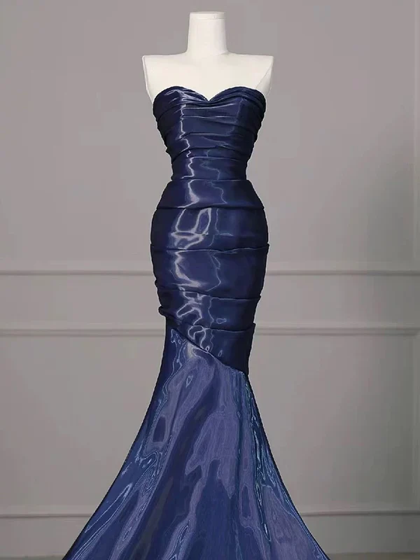 Gorgeous Nevy Blue Mermaid Strapless Pleated Long Prom Dress,Evening Dress  Y7987