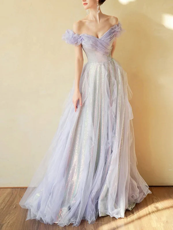 Purple Off Shoulder Sequin Tulle Long Prom Dress, Purple Formal Evening Dresses Y4659