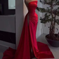 Red Asymmetrical Neckline Satin Pleated High Slit Evening Dress Charming Formal Gown Y379