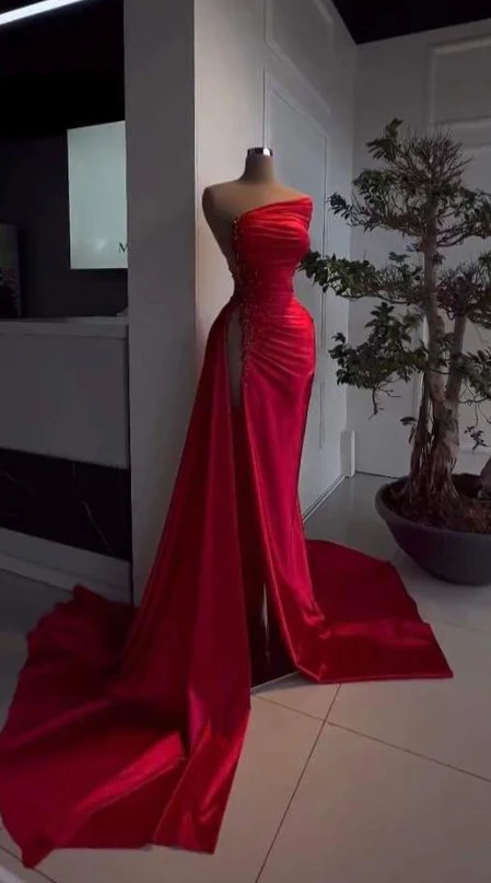 Red Asymmetrical Neckline Satin Pleated High Slit Evening Dress Charming Formal Gown Y379