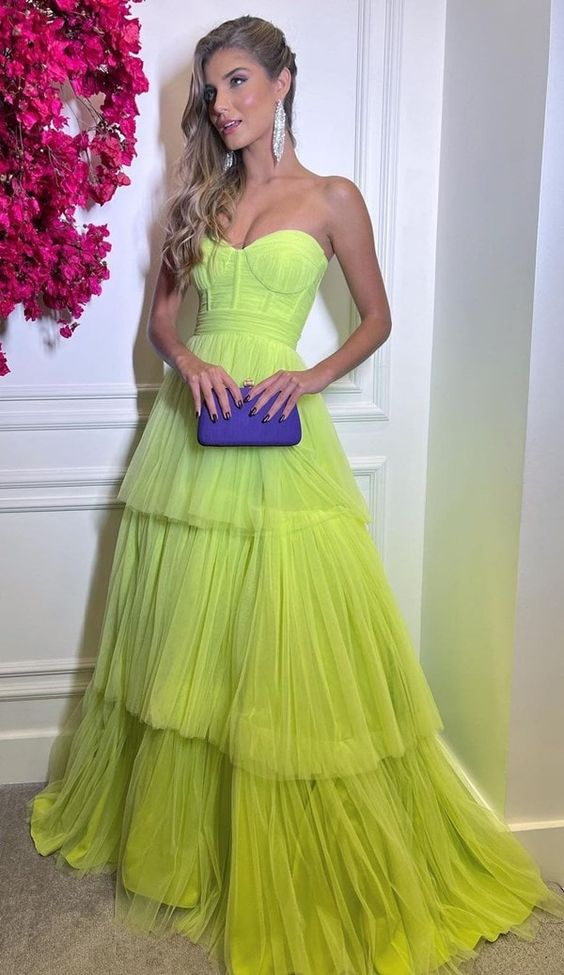 Green sweetheart a-line tulle long prom formal dresses Y5465