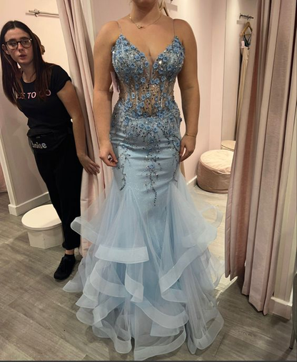 Beautiful Blue Spaghetti Straps Lace Sleeveless Prom Dress Y6606