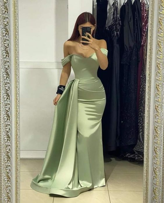 Charming Off The Shoulder Sage Green Long Evening Dress Y4052