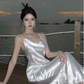 Simple White Satin Backless Long Prom Evening Dress Y7841