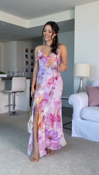 Beautiful Ruffle Graphic Floral Print Low Backless Long Prom Dress,Slit Party Evening Dress Y8099