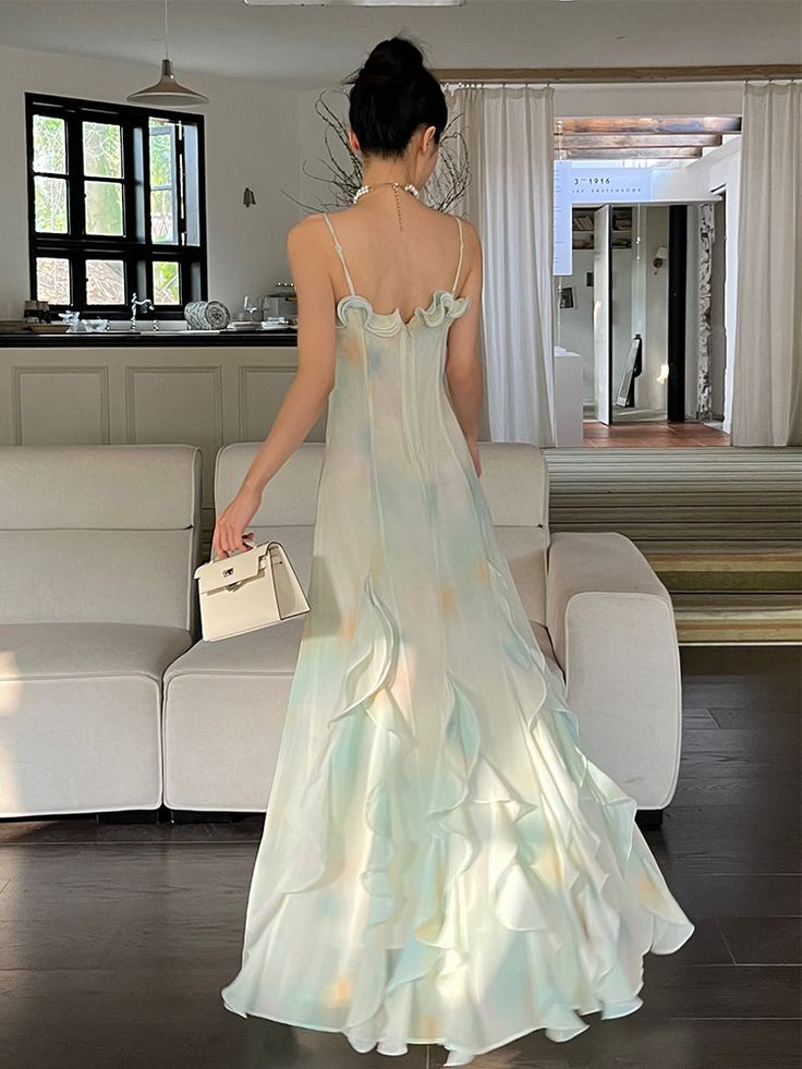 Beautiful Green Chiffon Layered Ruffle Prom Dress Straps Evening Gown Y7897