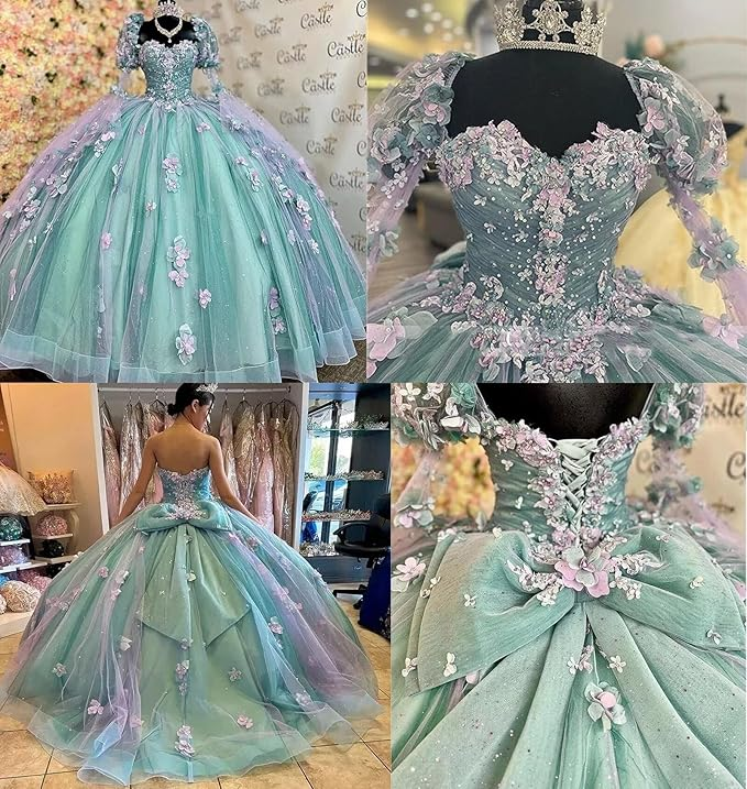 Lilac 3D Flowers Ball Gown Quinceanera Dresses Puff Long Sleeves  Y6580