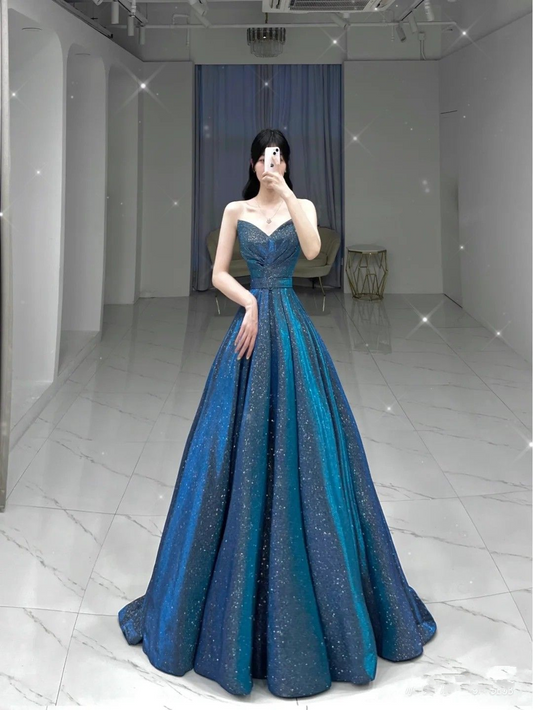 Glitter Blue A-line Evening Dress,Blue Princess Dress Y4982