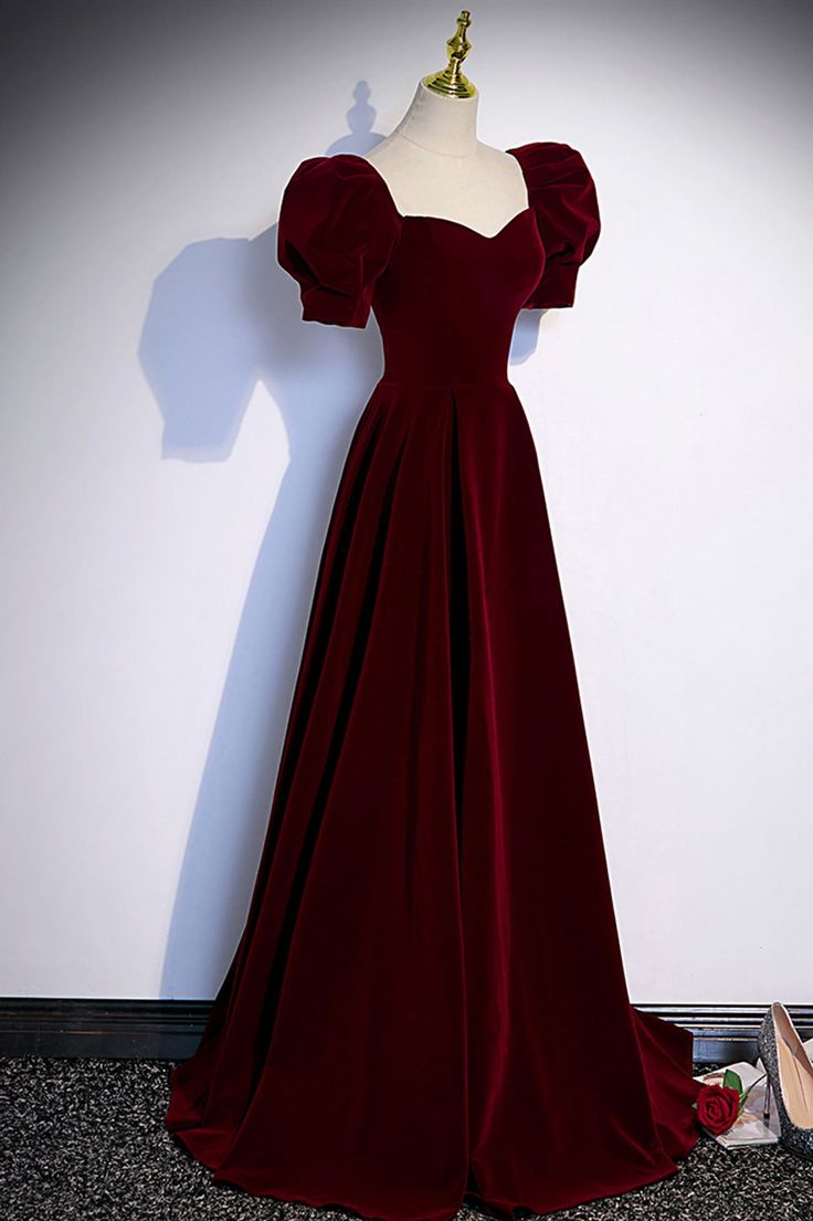 Burgundy Velvet Long A-Line Prom Dress, Simple Short Sleeve Party Dres ...