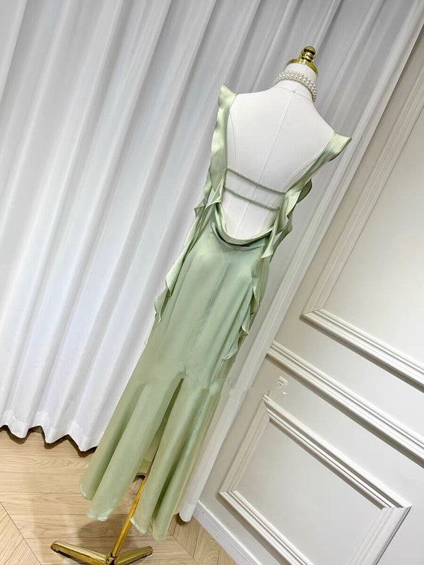 Elegant Summer Ruffle Ribbon Slip Backless Sexy Dress For Women Chic Ruched Slim Evening Dress Y7390