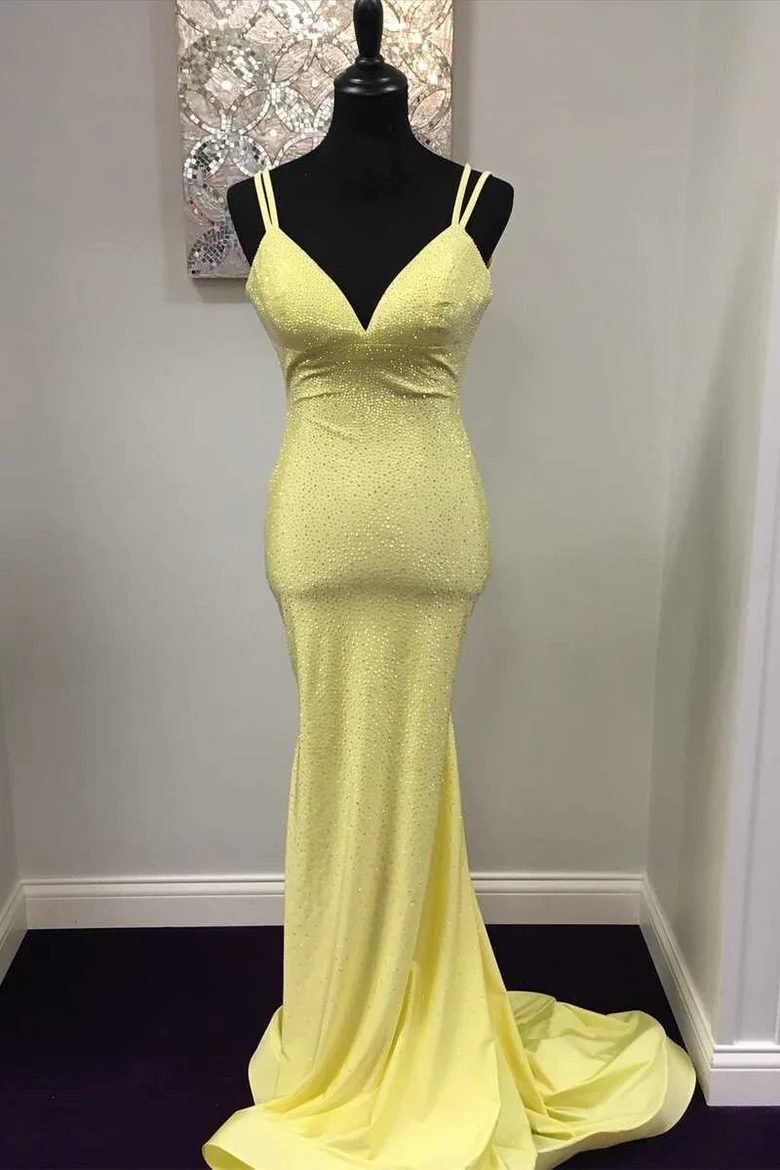 A Line Open Back Yellow Lace Long Prom Dress, Yellow Lace Formal