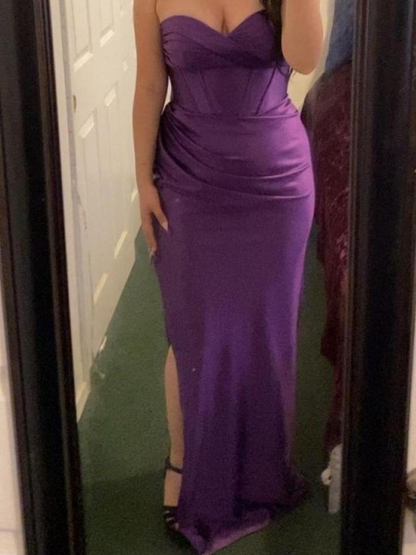 Vintage Purple Strapless Slit Satin Prom Evening Dress Y8113