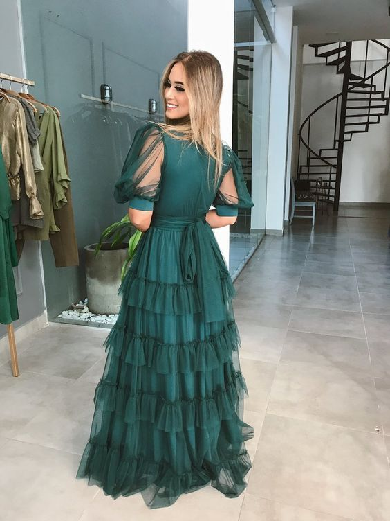 Green A-line V Neck Tulle Multi-layered Prom Dress,Green Evening Dress Y6218