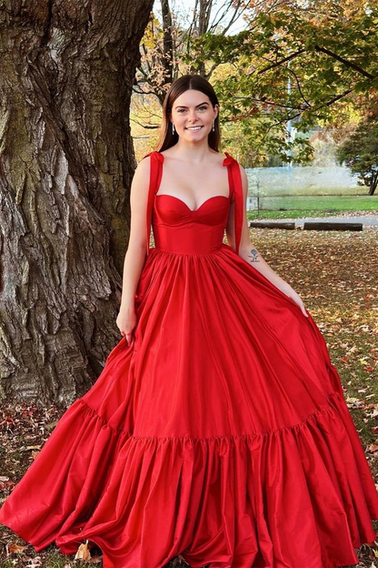 Tie Straps Red Corset A-Line Long Prom Dress Y4956