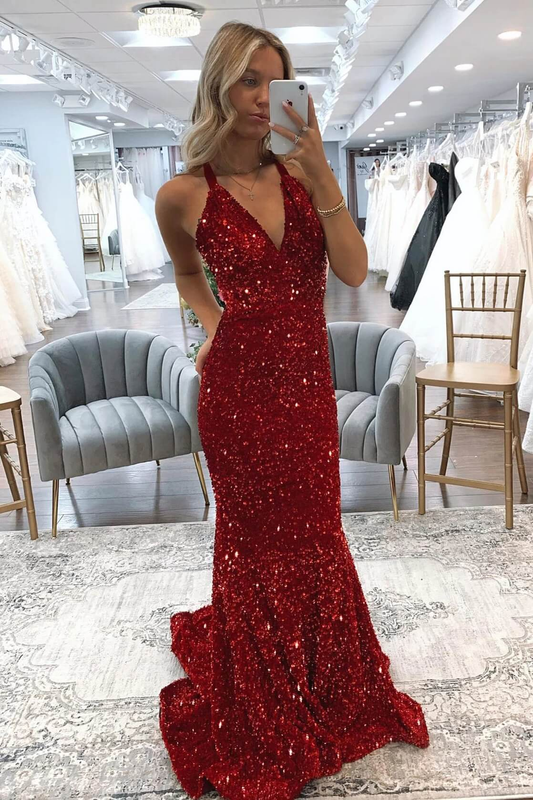 Red Mermaid Formal Dresses Sequins V Neck Long Prom Dress Crossed Back Sweeping  Y4290