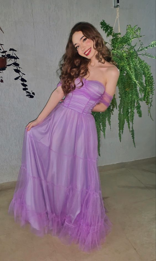 Simple Purple Tulle A-line Long Evening Prom Dresses, Custom