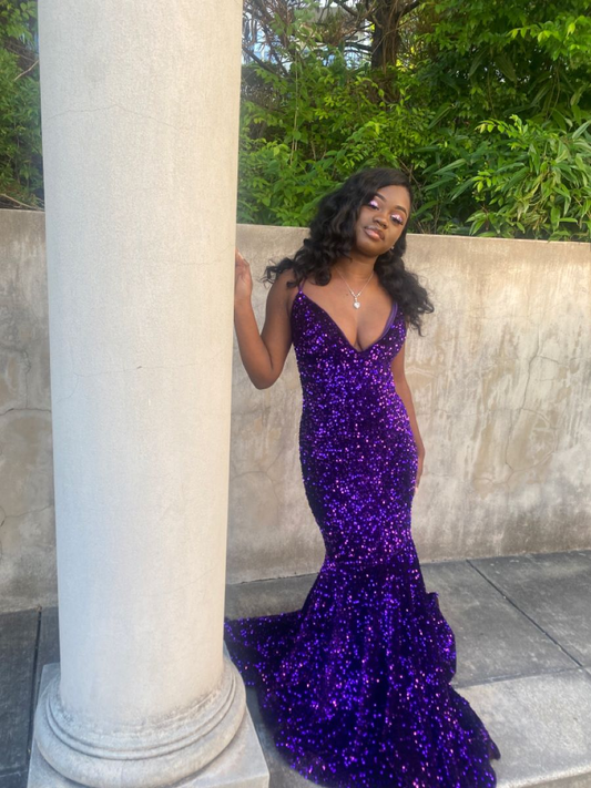 Dark Purple Sequins Prom Dress For Black Girls  Y4221