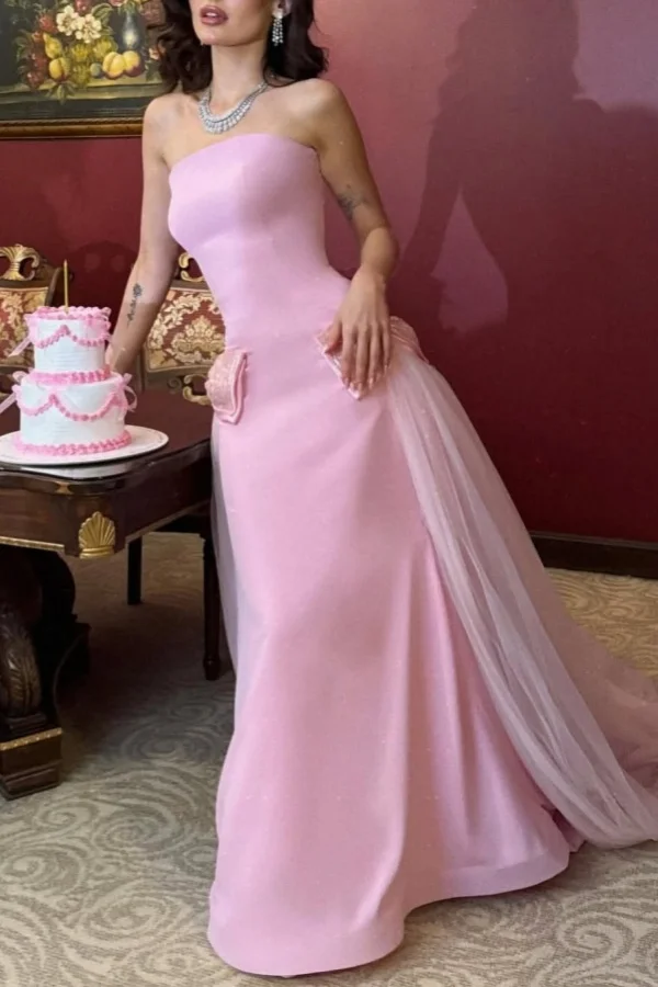 Sweet Pink Strapless Bow-Knot Long Prom Dress,Tulle Satin Evening Dress Y8053