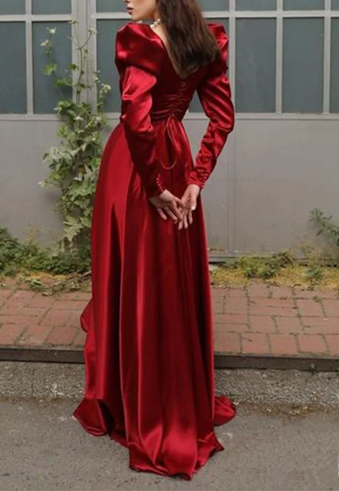 Elegant Square Neck Red Satin A Line Prom Evening Dress Y7855