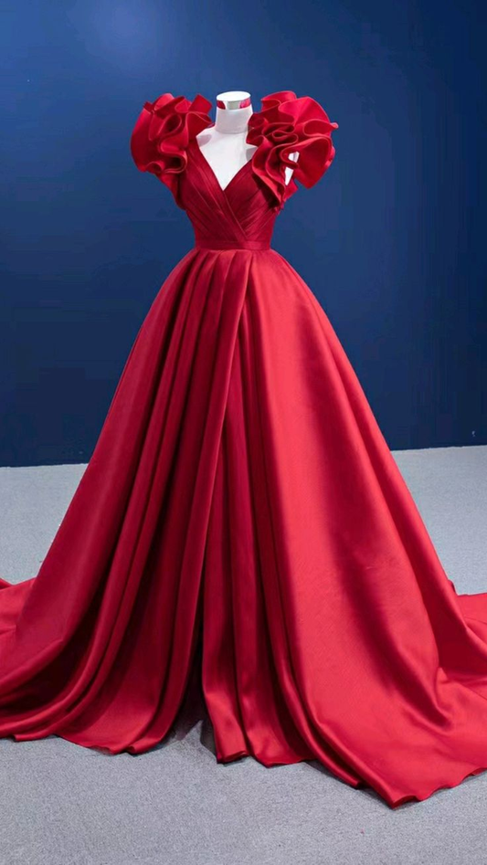 Red Pageant Dress Ruffle Prom Dress V-neck Satin Formal Gown Y4965