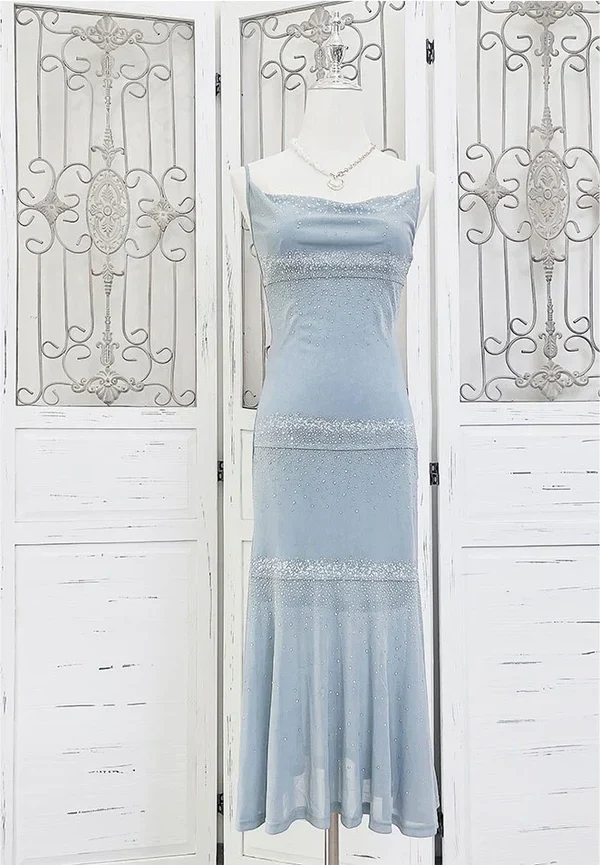 Classy Spaghetti Straps Blue Chiffon Beaded Prom Dress Evening Dress Y8248