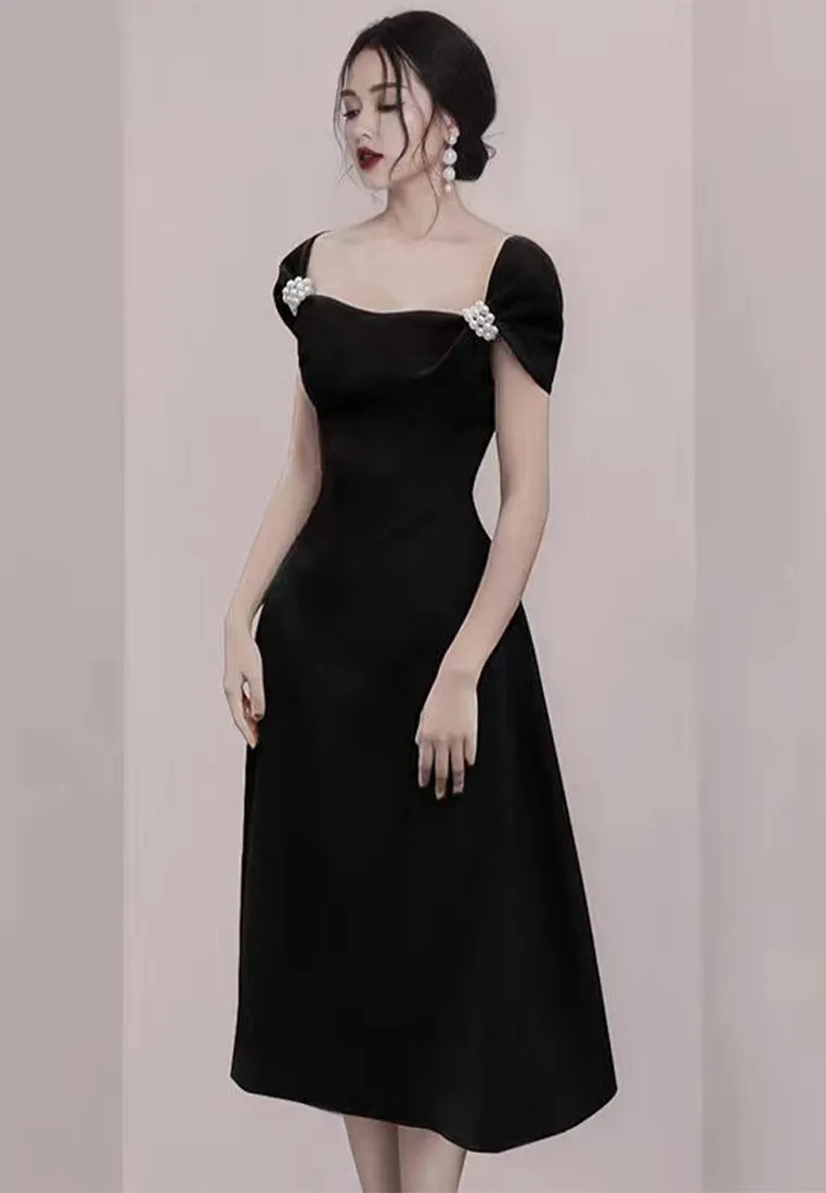 Black, pearl button-down, elegant half-sleeve prom dress, vintage dress Y1360