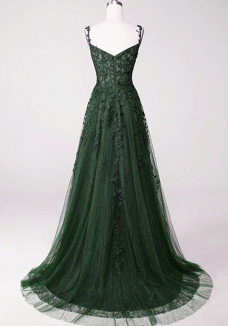 Dark Green Tulle with Lace Beaded Straps Prom Dress,Green Long Formal Dress Party Dress Y6111