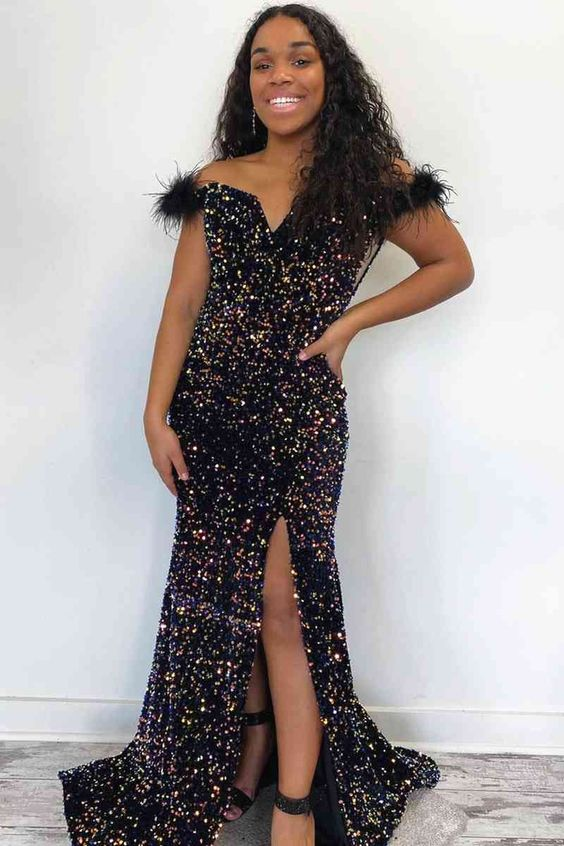 Off-the-Shoulder Glitter Sequins Long Party Dress with Feather Y4414