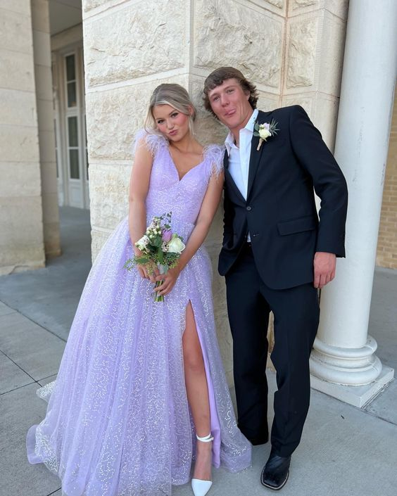 Lilac A-line V Neck Prom Dress With Split,Senior Prom Gown Y6227