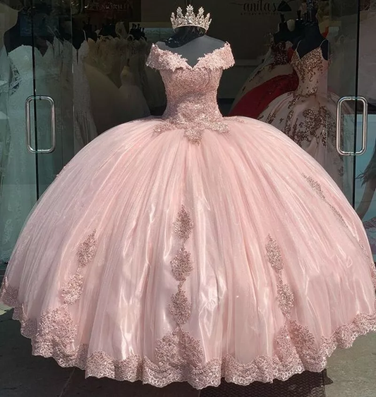 Sweet Pink Off The Shoulder Tulle LaceAppliques Ball Gown Quinceanera Dress Y7728