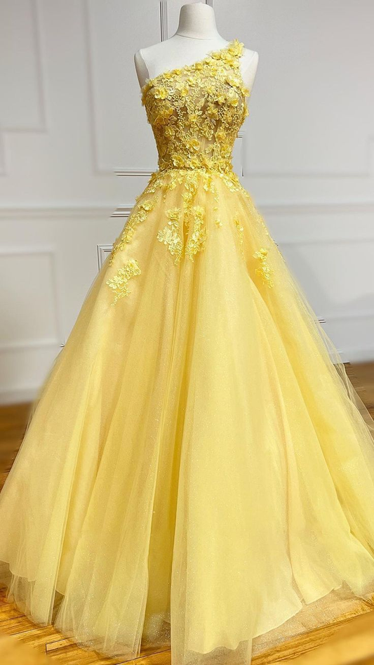 Unique One Shoulder 3D Appliques Yellow Prom Dress Y6075