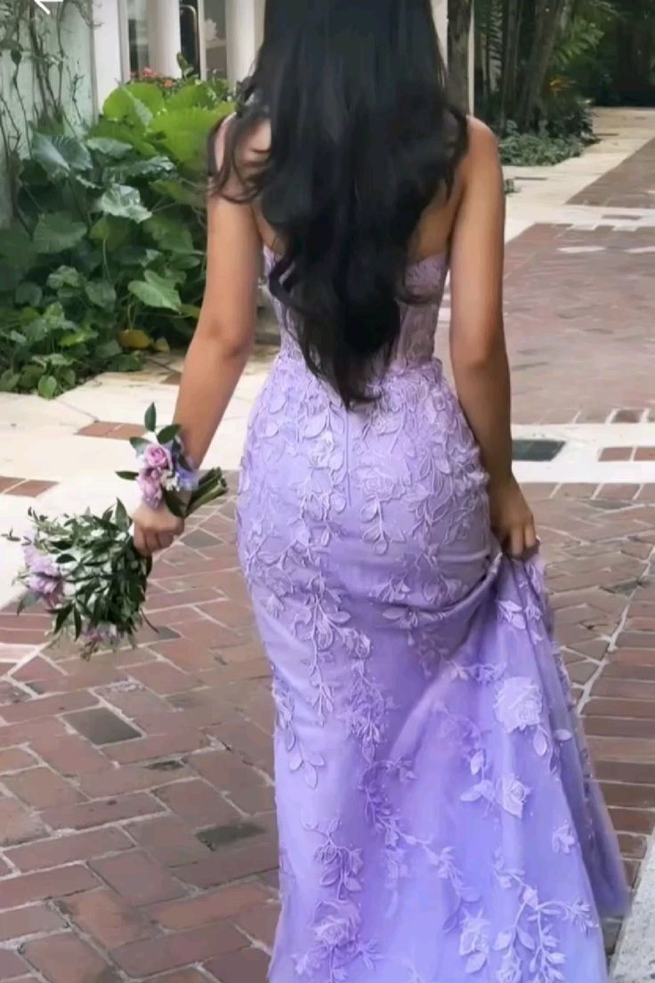 Purple Strapless Tulle Lace Appliques Evening Dress Mermaid Prom Dres Y7910