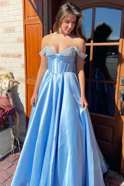 Blue Beaded Off-the-Shoulder Empire Waist A-Line Prom Dress Y6273