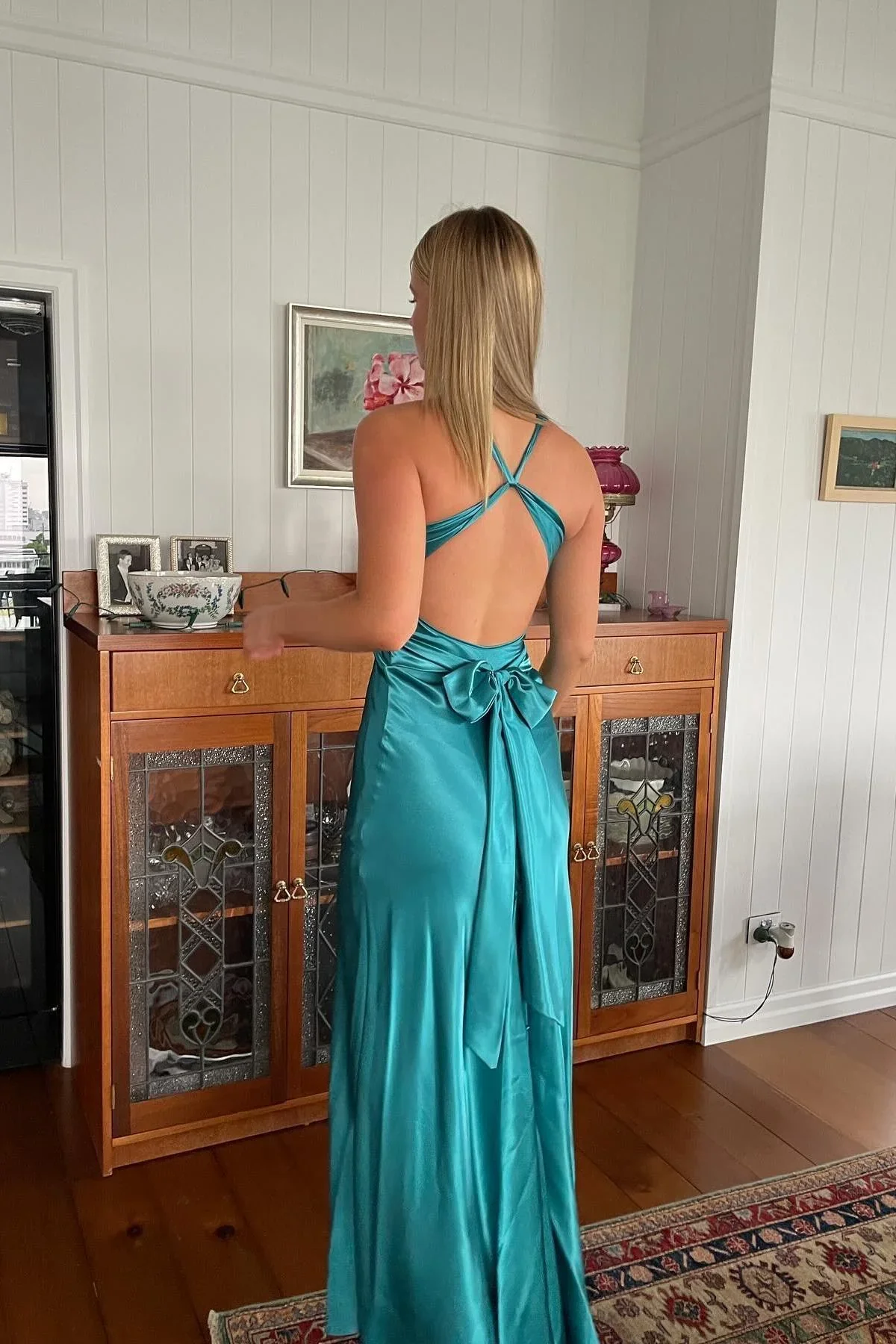 Sexy V Neck Backless Long Prom Dress Green Evening Gown Y7973