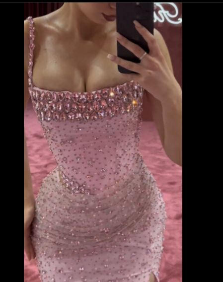 Charming Pink Mermaid Beaded Evening Gown Spaghetti Straps Slit Long Prom Party Dress Y7970