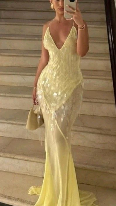 Fashion V Neck Mermaid Evening Dress Yellow Chiffon Sequins Prom Dress Y7892