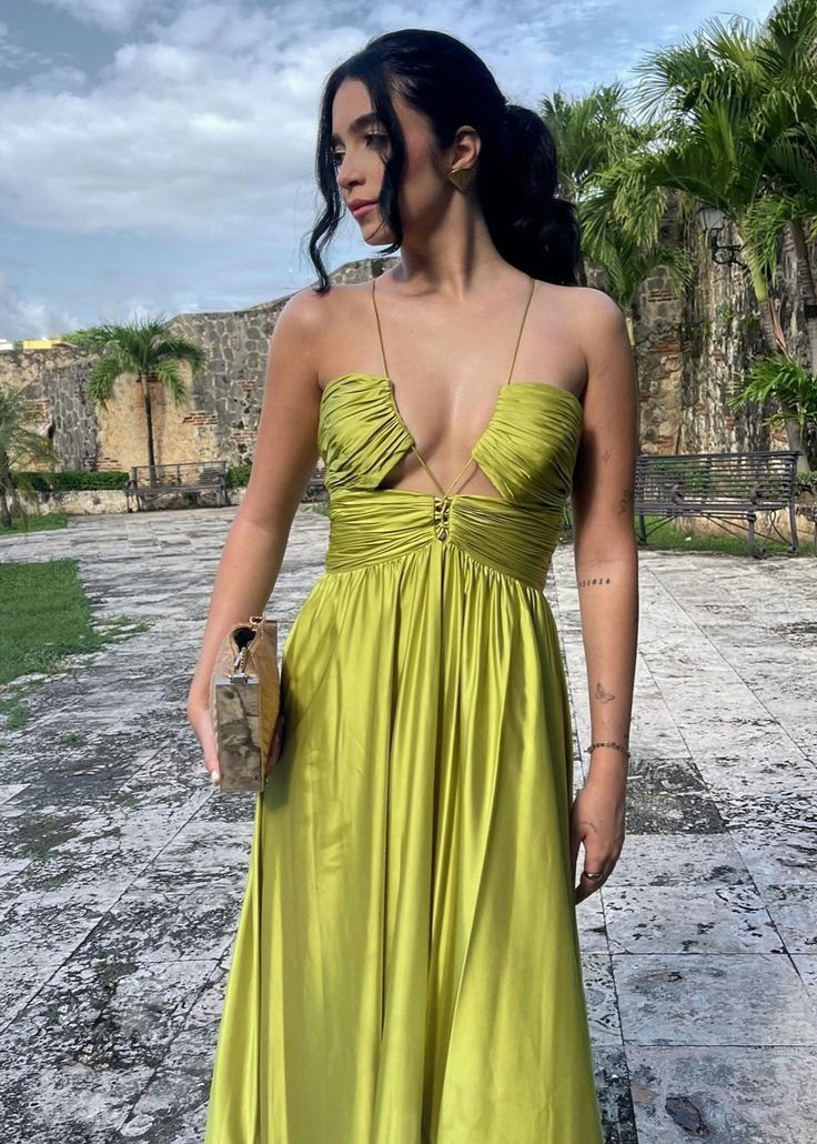 Chic Halter Green Long Satin Ruched Prom Dress Formal A Evening Dress Y8098