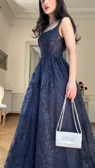 Navy Blue A Line Lace Appliques Prom Dress Elegant   Evening Gown Y7830