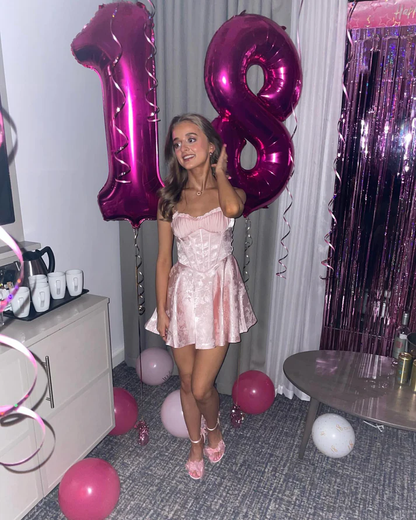 Cute Pink Satin Print Homecoming Dress Short Birthday Dress Y8059