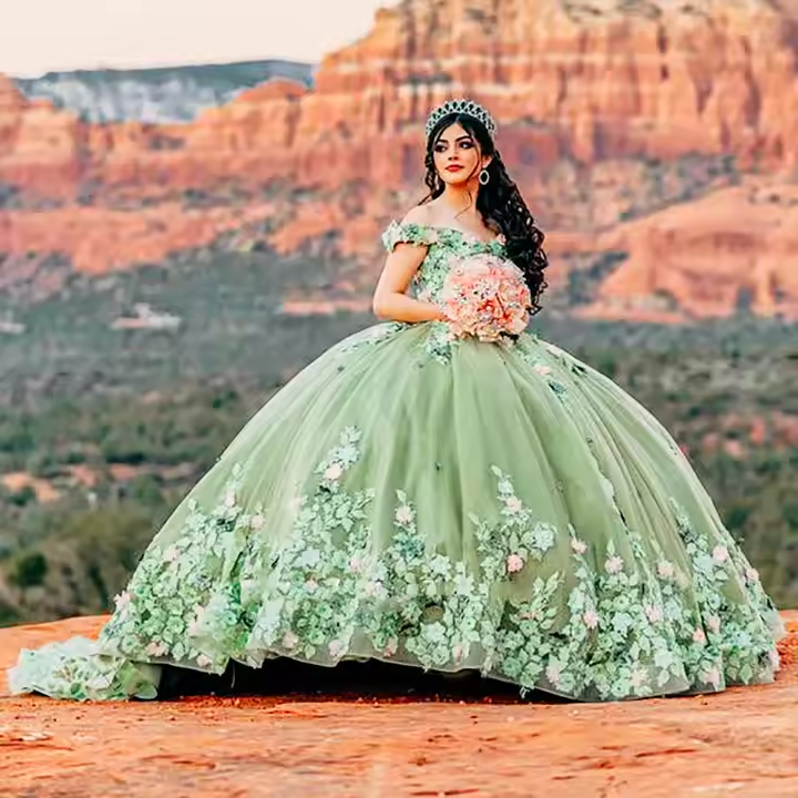 Light Sage Green Quinceanera Dresses Sweet 16 Pageant Floral Ball Gown  Y2063