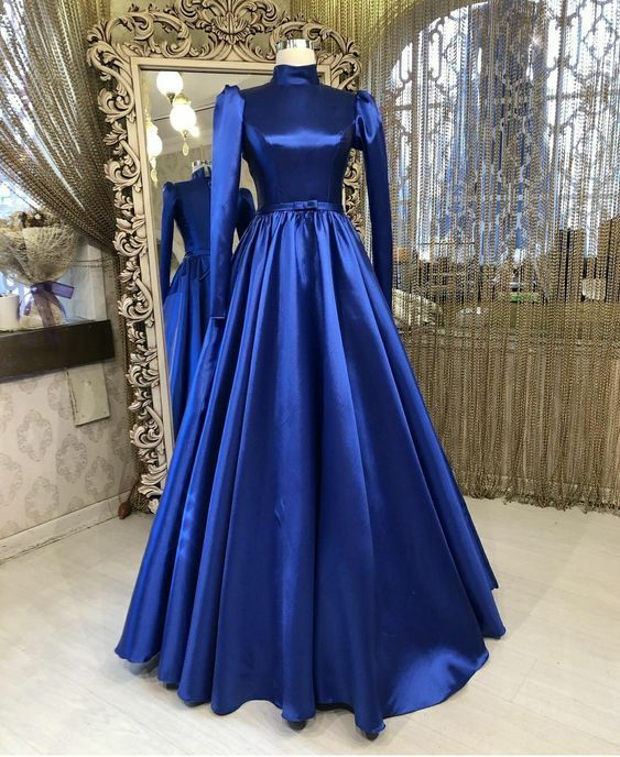 High Neck Prom Dress,Royal Blue Prom Dresses, Satin Prom Dresses Y6966