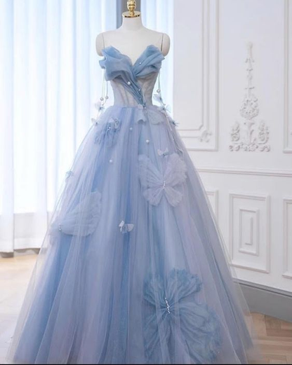 A-Line Blue Tulle Long Prom Dress, Blue Tulle Formal Dress Y6774