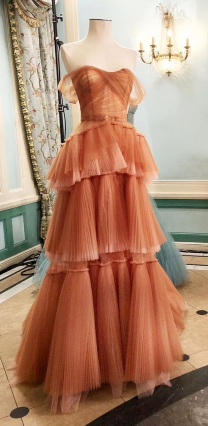 Off the Shoulder Tulle Tiered Long Prom Dress, A Line Evening Gown Y1897