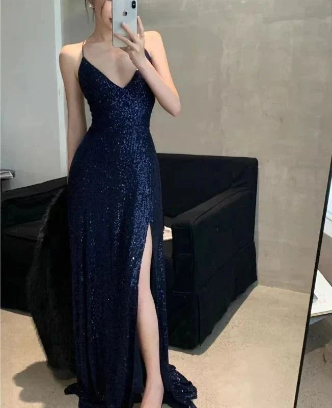 Womens Navy Sequined Slit Spaghetti Strap V Neck Full-Length Prom Dress Y6490