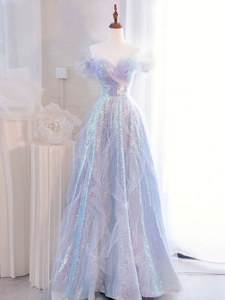 Purple Off Shoulder Sequin Tulle Long Prom Dress, Formal Evening Dresses Y5864