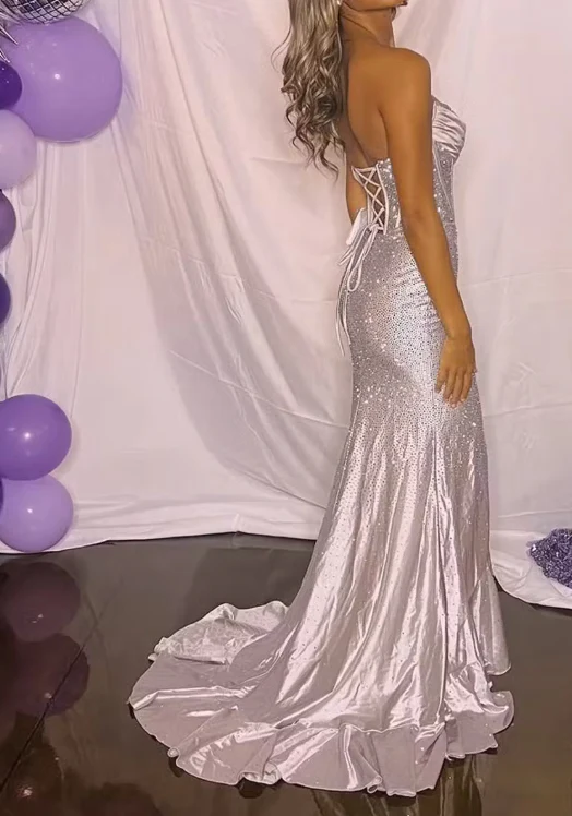 Sparkly Strapless Satin Beaded Prom Dress Lilac Mermaid Evening Dress Y8005