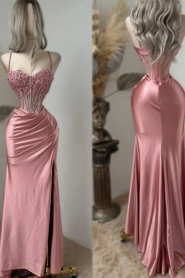 Pretty Pink Sweetheart Spaghetti-Straps Appliques Beaded Split Evening Dress,Mermaid Prom Dress Y8056